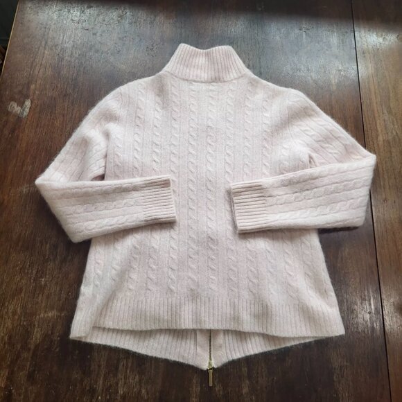 RALPH LAUREN 100% CASHMERE Pale Pink Gold Zip Logo Cable Knit Turtleneck Sweater - Picture 3 of 9